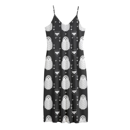 Cute White And Grey Owl Pattern Print Jersey Midi Cami Dress