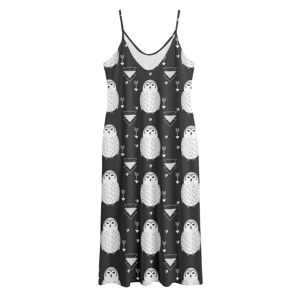Cute White And Grey Owl Pattern Print Jersey Midi Cami Dress