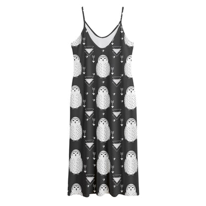 Cute White And Grey Owl Pattern Print Jersey Midi Cami Dress