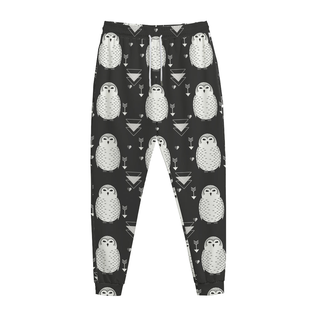 Cute White And Grey Owl Pattern Print Jogger Pants