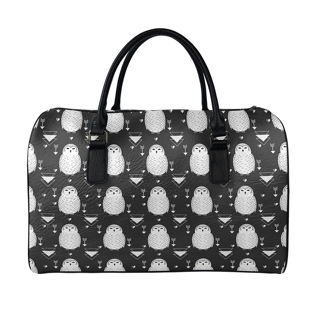Cute White And Grey Owl Pattern Print Leather Duffle Bag