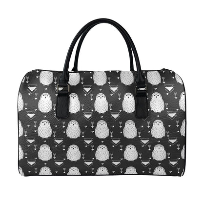 Cute White And Grey Owl Pattern Print Leather Duffle Bag