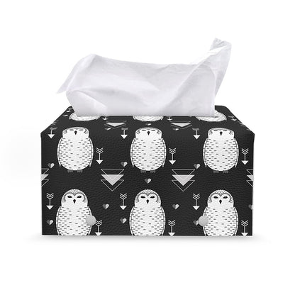 Cute White And Grey Owl Pattern Print Leather Tissue Box Cover