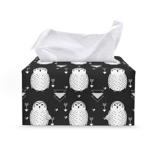 Cute White And Grey Owl Pattern Print Leather Tissue Box Cover