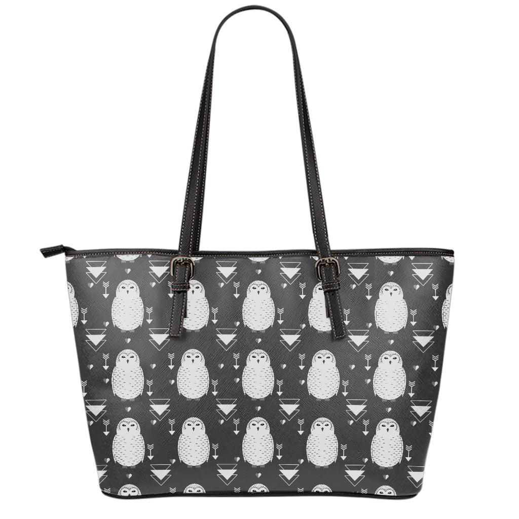 Cute White And Grey Owl Pattern Print Leather Tote Bag