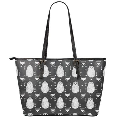 Cute White And Grey Owl Pattern Print Leather Tote Bag
