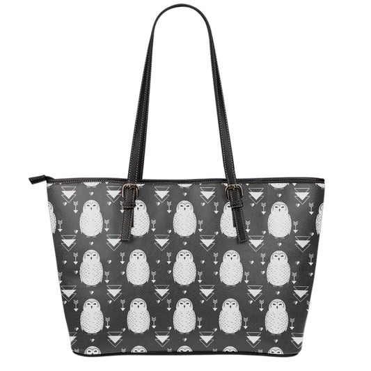 Cute White And Grey Owl Pattern Print Leather Tote Bag