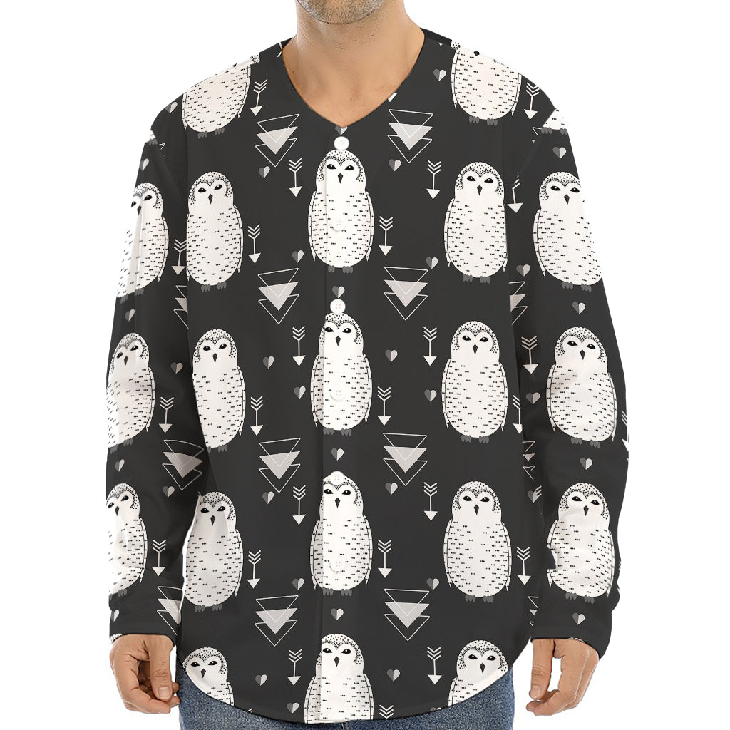 Cute White And Grey Owl Pattern Print Long Sleeve Baseball Jersey