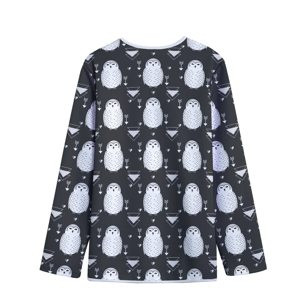Cute White And Grey Owl Pattern Print Long Sleeve Short Coat