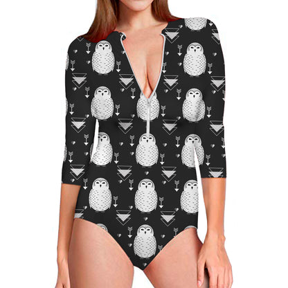 Cute White And Grey Owl Pattern Print Long Sleeve Swimsuit