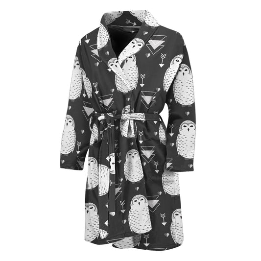 Cute White And Grey Owl Pattern Print Men's Bathrobe