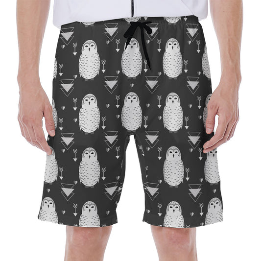 Cute White And Grey Owl Pattern Print Men's Beach Shorts