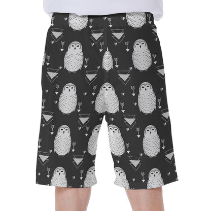 Cute White And Grey Owl Pattern Print Men's Beach Shorts