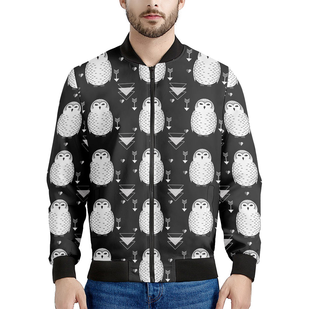 Cute White And Grey Owl Pattern Print Men's Bomber Jacket