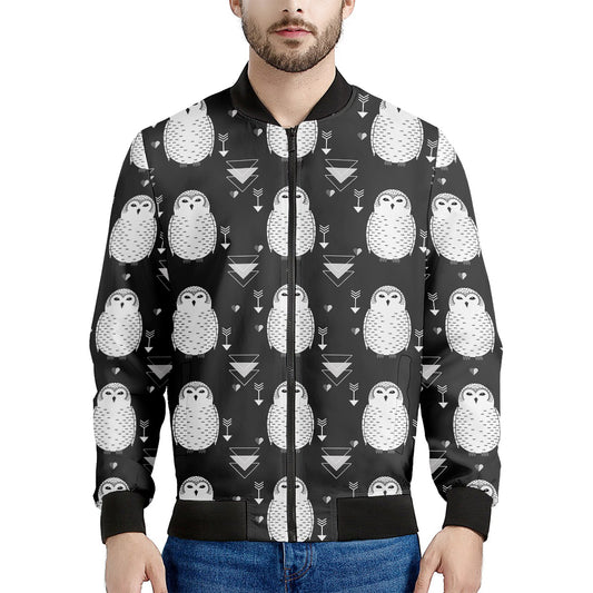 Cute White And Grey Owl Pattern Print Men's Bomber Jacket