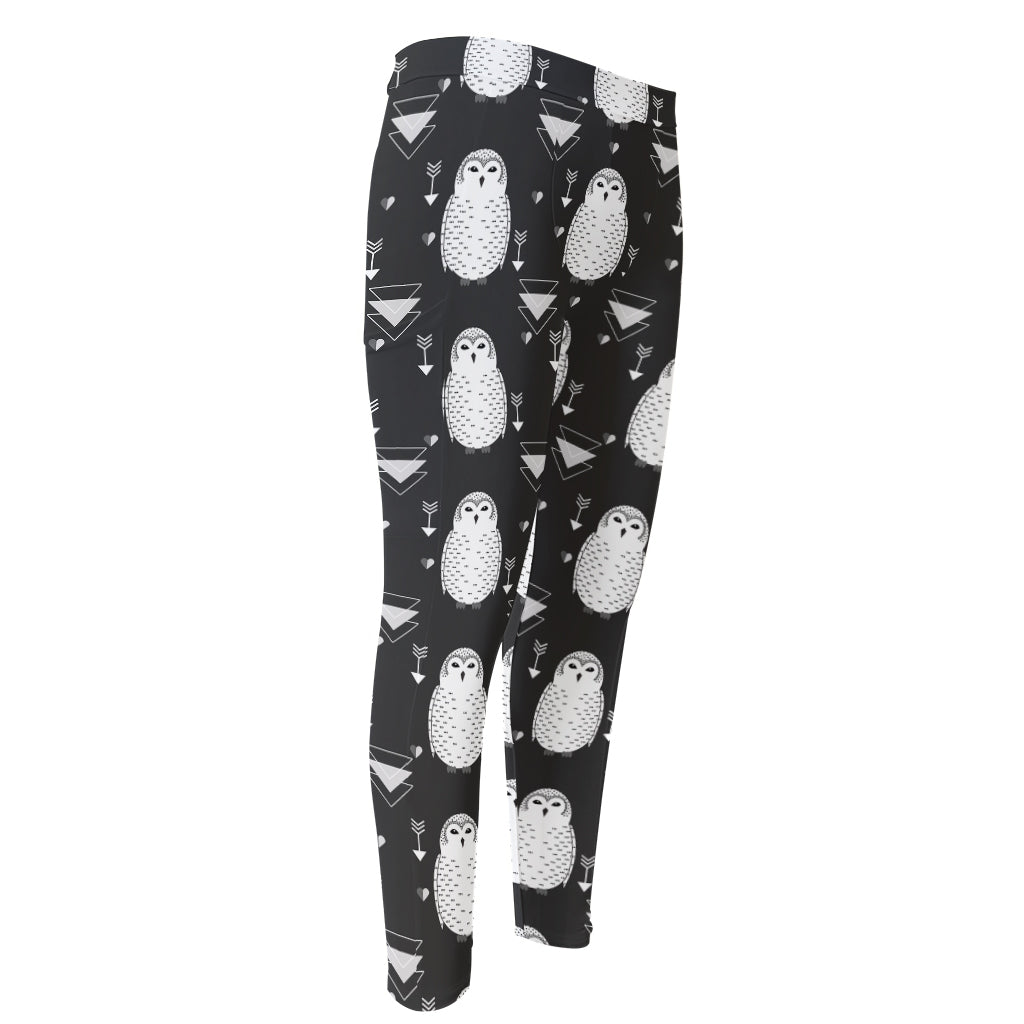 Cute White And Grey Owl Pattern Print Men's Compression Pants