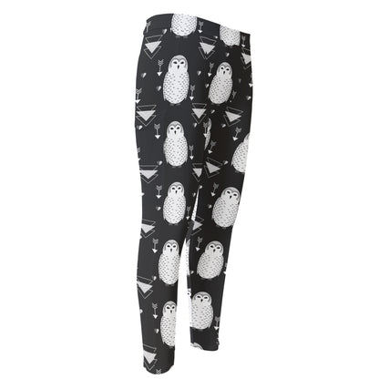 Cute White And Grey Owl Pattern Print Men's Compression Pants