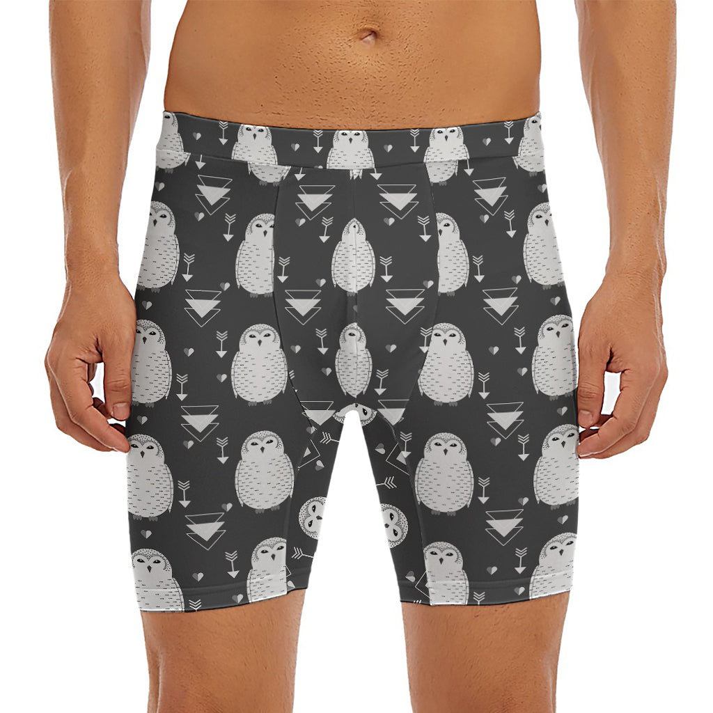 Cute White And Grey Owl Pattern Print Men's Long Boxer Briefs
