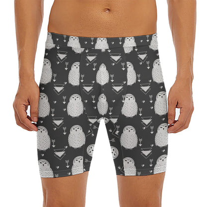 Cute White And Grey Owl Pattern Print Men's Long Boxer Briefs