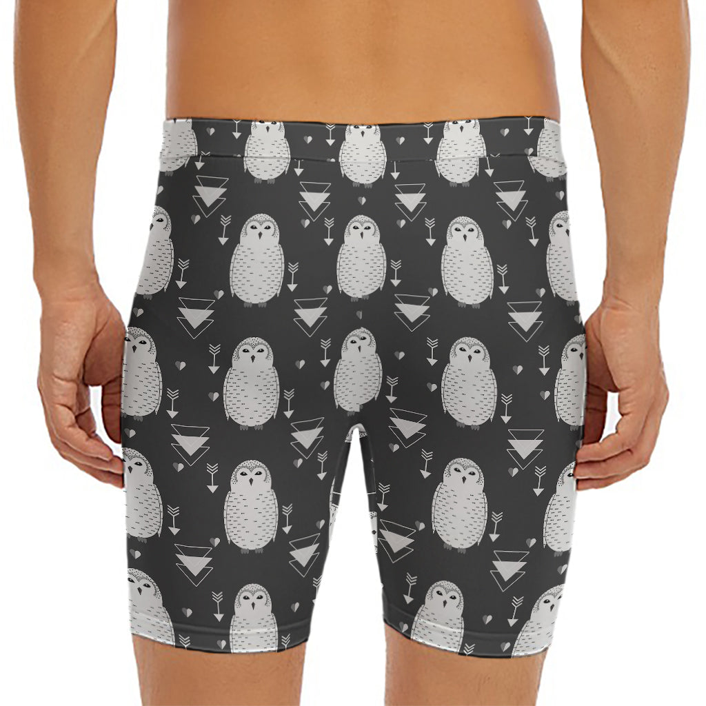 Cute White And Grey Owl Pattern Print Men's Long Boxer Briefs