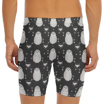 Cute White And Grey Owl Pattern Print Men's Long Boxer Briefs