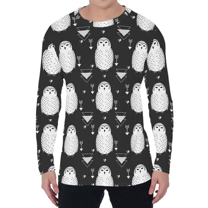 Cute White And Grey Owl Pattern Print Men's Long Sleeve T-Shirt