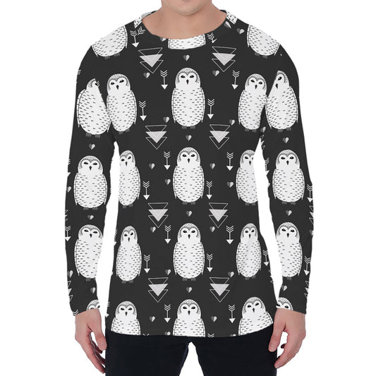 Cute White And Grey Owl Pattern Print Men's Long Sleeve T-Shirt