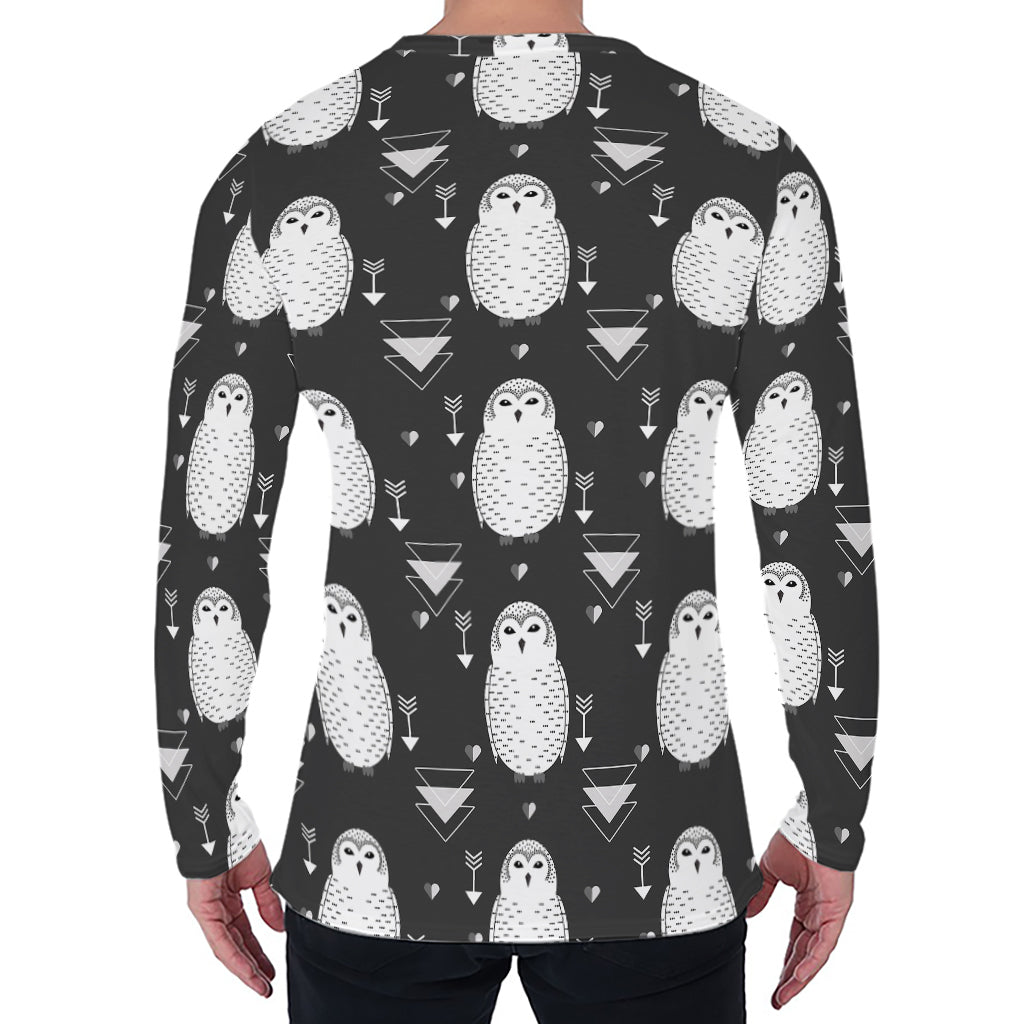 Cute White And Grey Owl Pattern Print Men's Long Sleeve T-Shirt