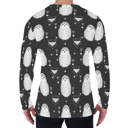 Cute White And Grey Owl Pattern Print Men's Long Sleeve T-Shirt
