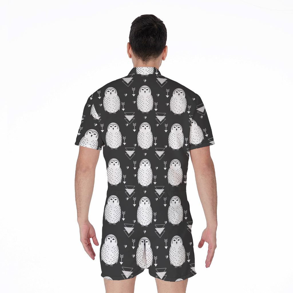 Cute White And Grey Owl Pattern Print Men's Rompers