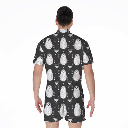 Cute White And Grey Owl Pattern Print Men's Rompers