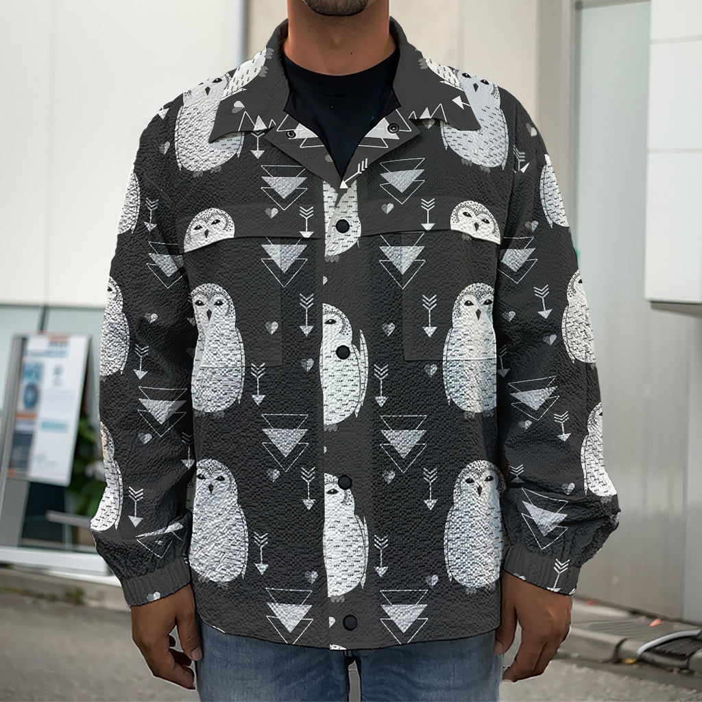 Cute White And Grey Owl Pattern Print Men's Shirt Jacket
