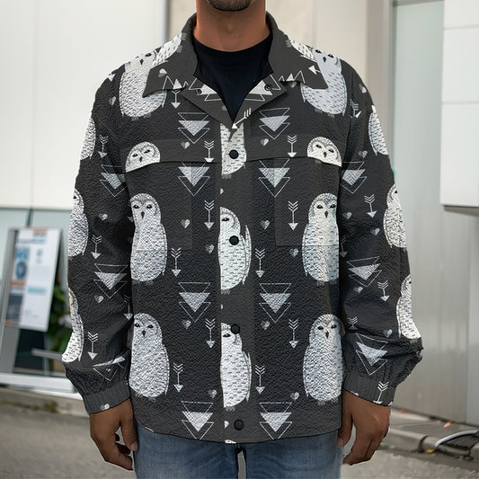 Cute White And Grey Owl Pattern Print Men's Shirt Jacket