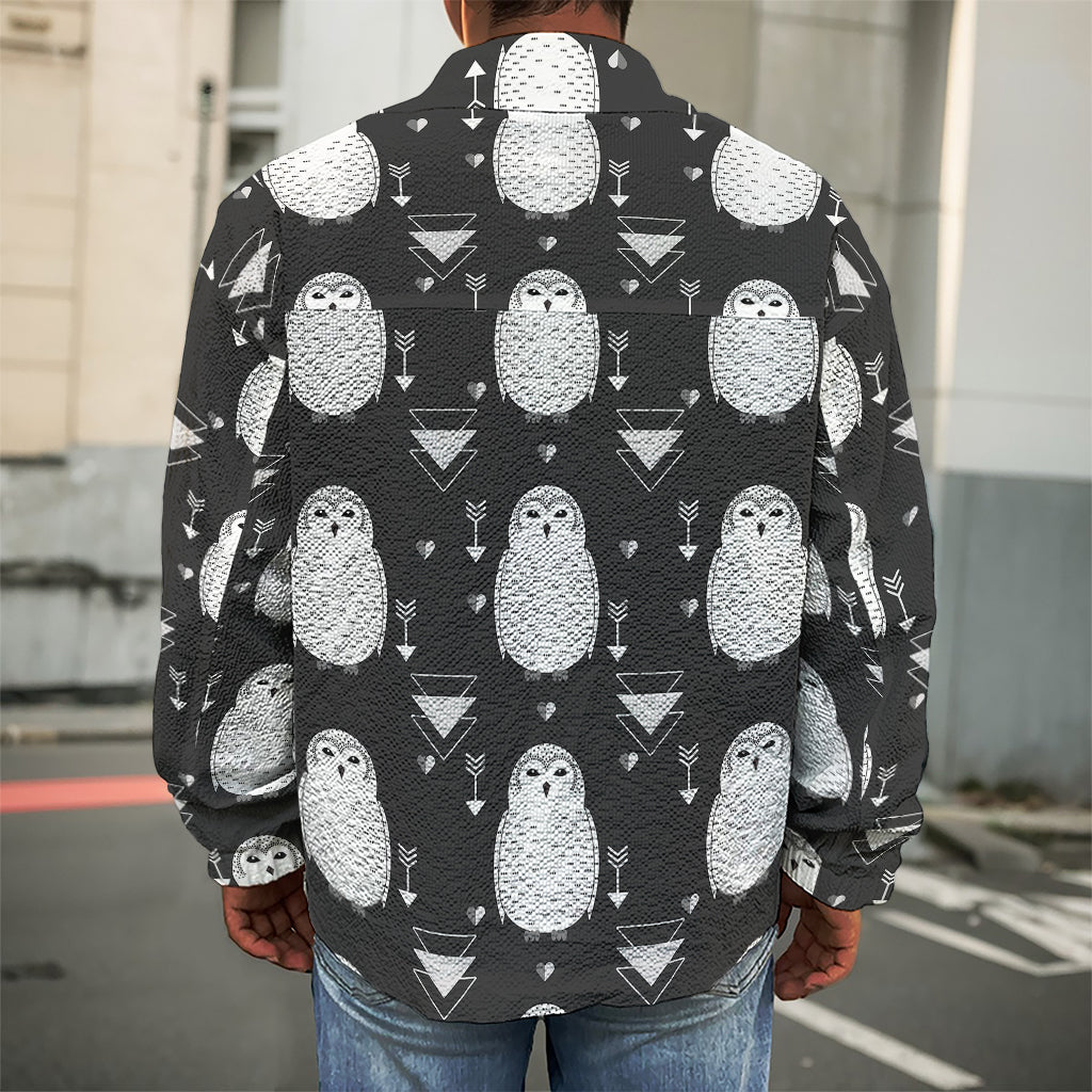 Cute White And Grey Owl Pattern Print Men's Shirt Jacket