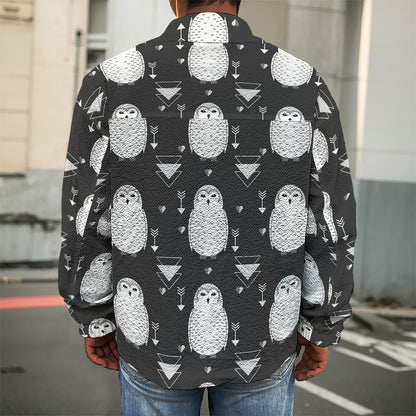 Cute White And Grey Owl Pattern Print Men's Shirt Jacket