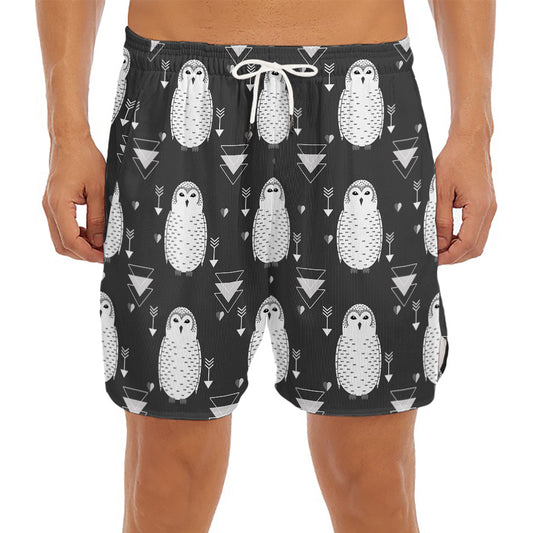 Cute White And Grey Owl Pattern Print Men's Split Running Shorts
