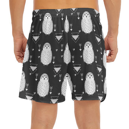 Cute White And Grey Owl Pattern Print Men's Split Running Shorts