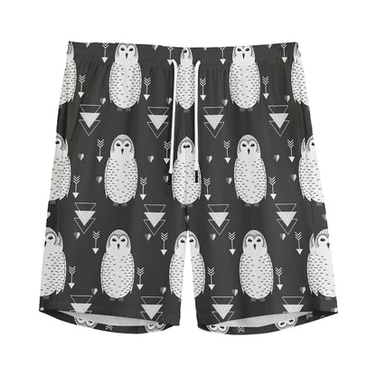 Cute White And Grey Owl Pattern Print Men's Sports Shorts
