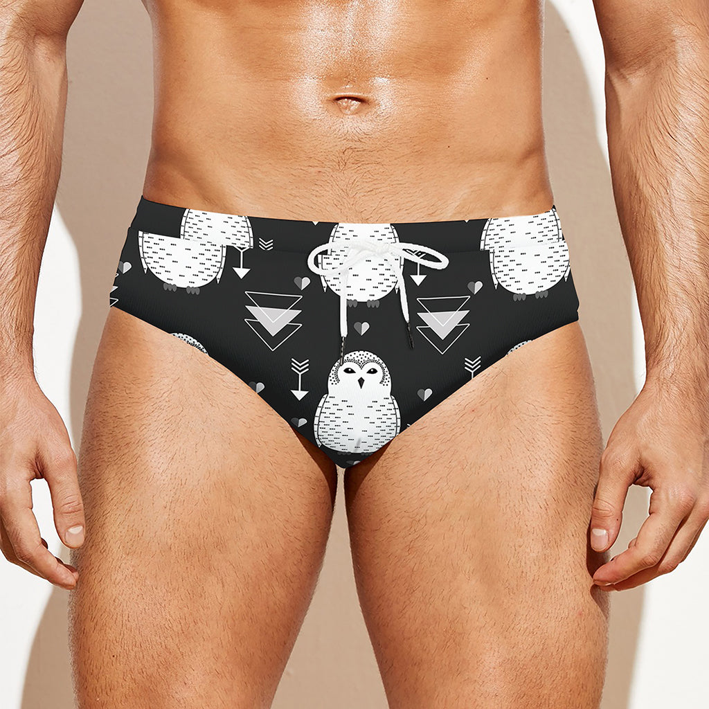 Cute White And Grey Owl Pattern Print Men's Swim Briefs