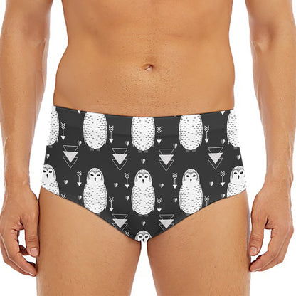 Cute White And Grey Owl Pattern Print Men's Triangle Swim Briefs