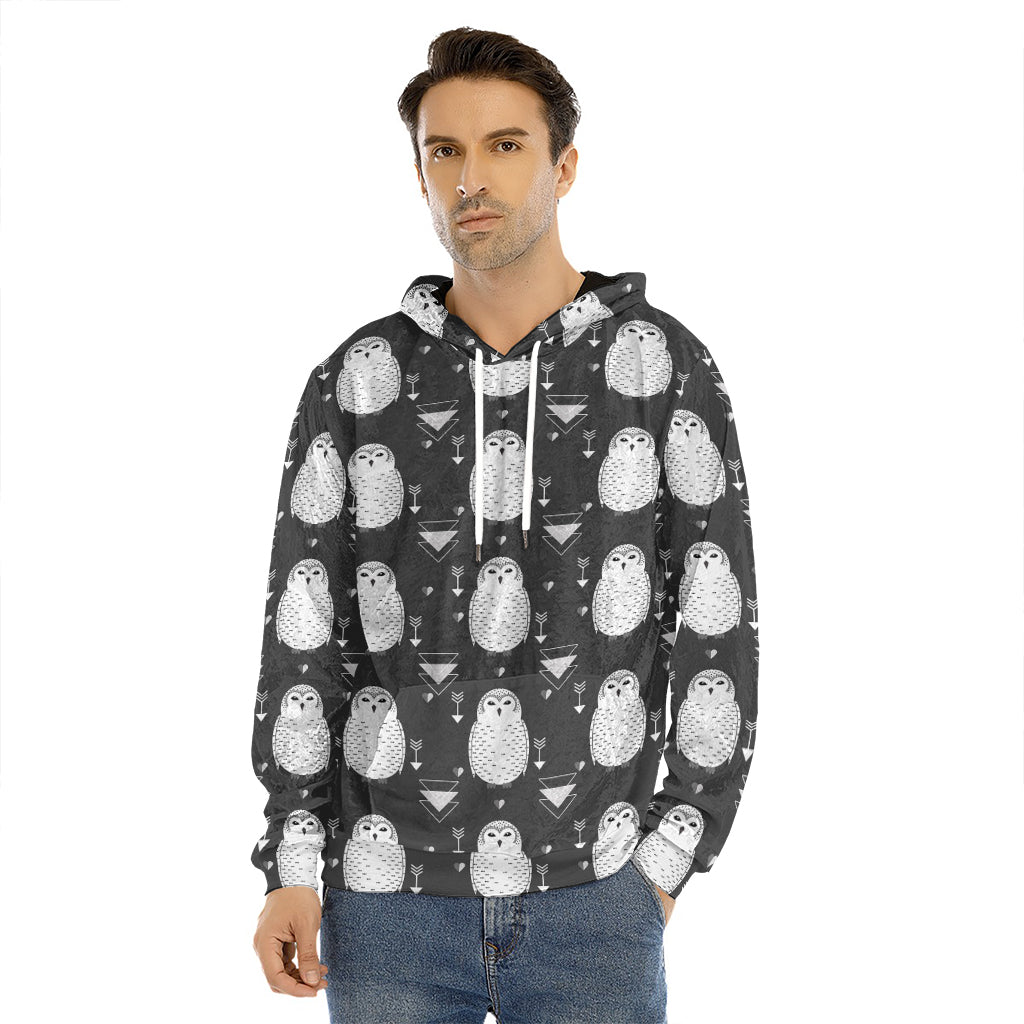 Cute White And Grey Owl Pattern Print Men's Velvet Pullover Hoodie