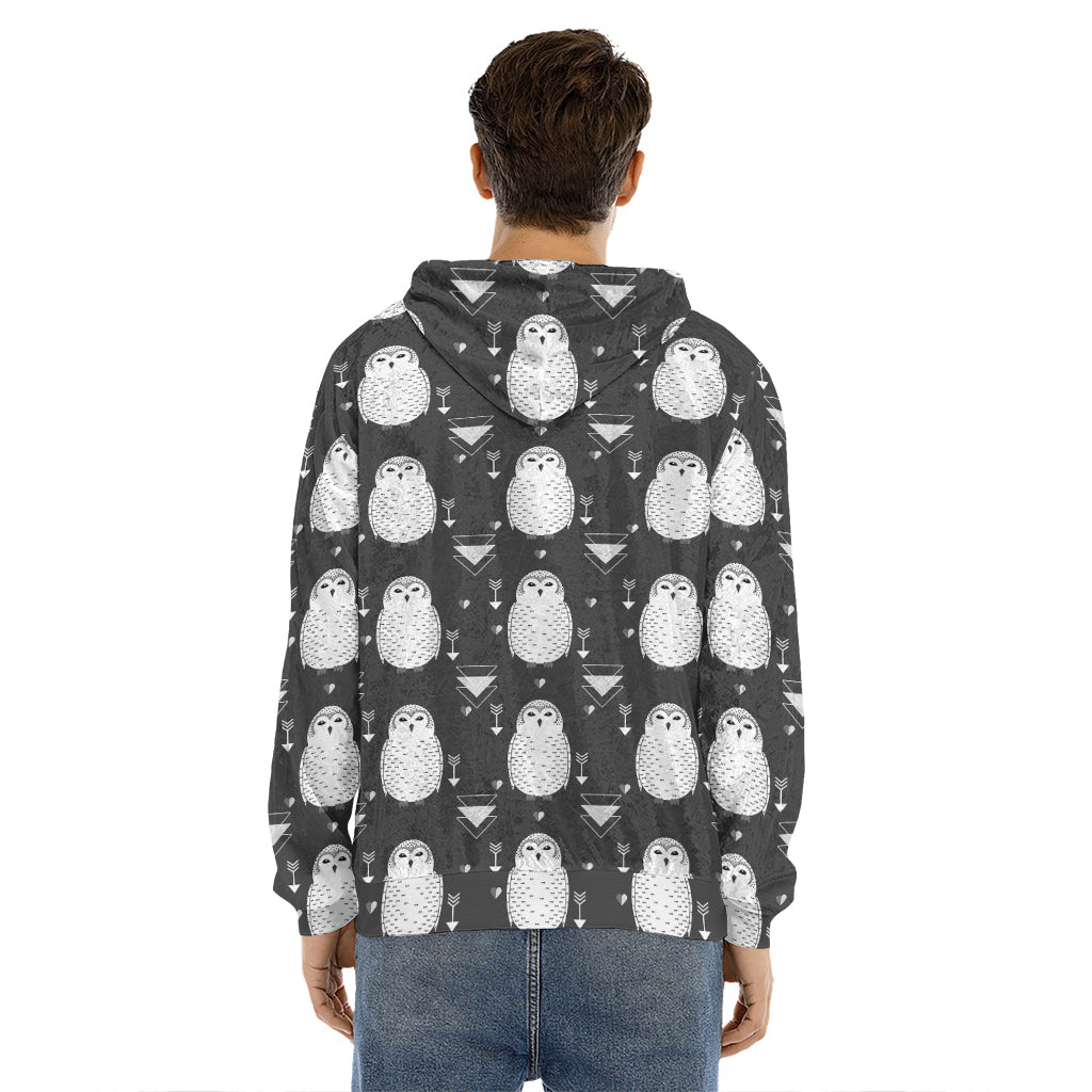Cute White And Grey Owl Pattern Print Men's Velvet Pullover Hoodie