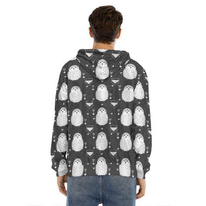 Cute White And Grey Owl Pattern Print Men's Velvet Pullover Hoodie