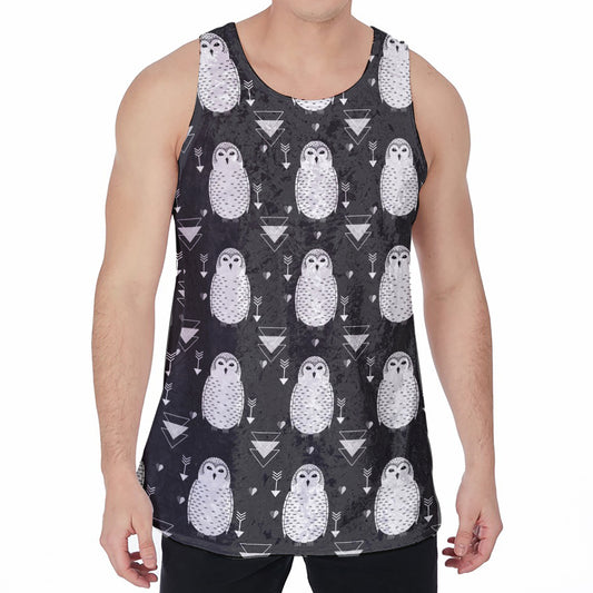 Cute White And Grey Owl Pattern Print Men's Velvet Tank Top