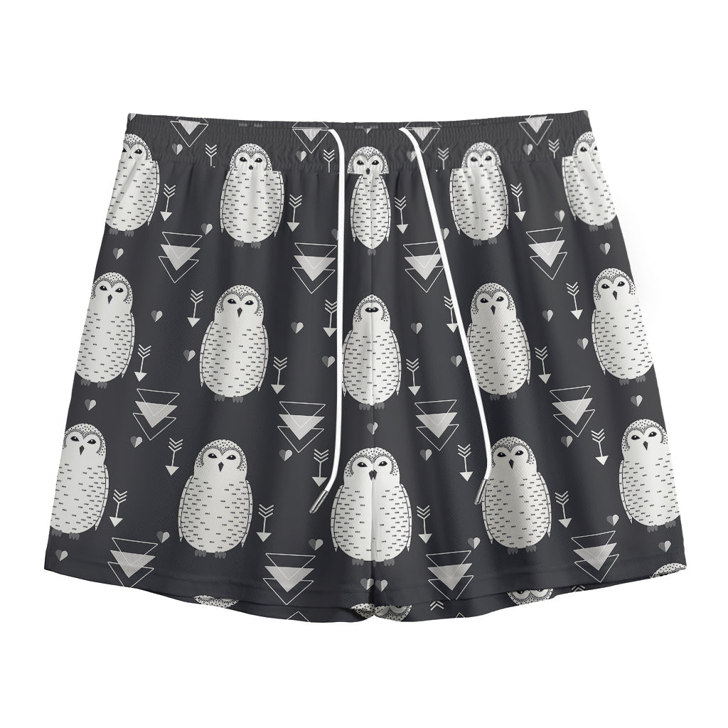 Cute White And Grey Owl Pattern Print Mesh Shorts