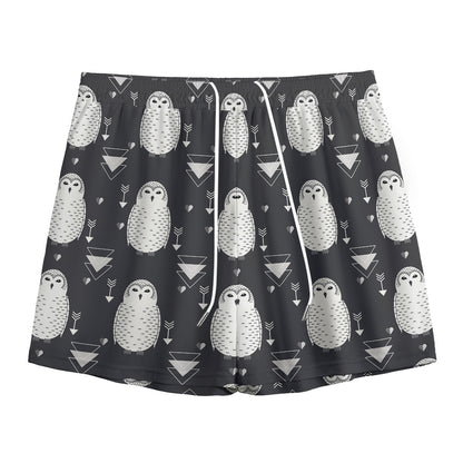 Cute White And Grey Owl Pattern Print Mesh Shorts