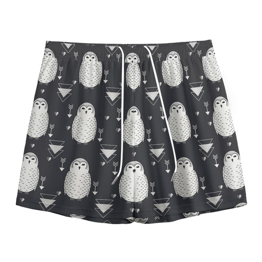 Cute White And Grey Owl Pattern Print Mesh Shorts