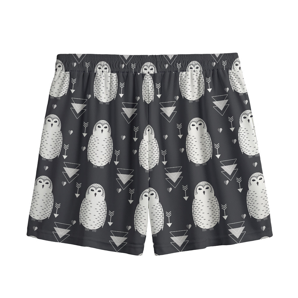 Cute White And Grey Owl Pattern Print Mesh Shorts