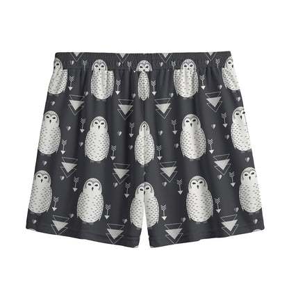 Cute White And Grey Owl Pattern Print Mesh Shorts