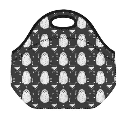 Cute White And Grey Owl Pattern Print Neoprene Lunch Bag